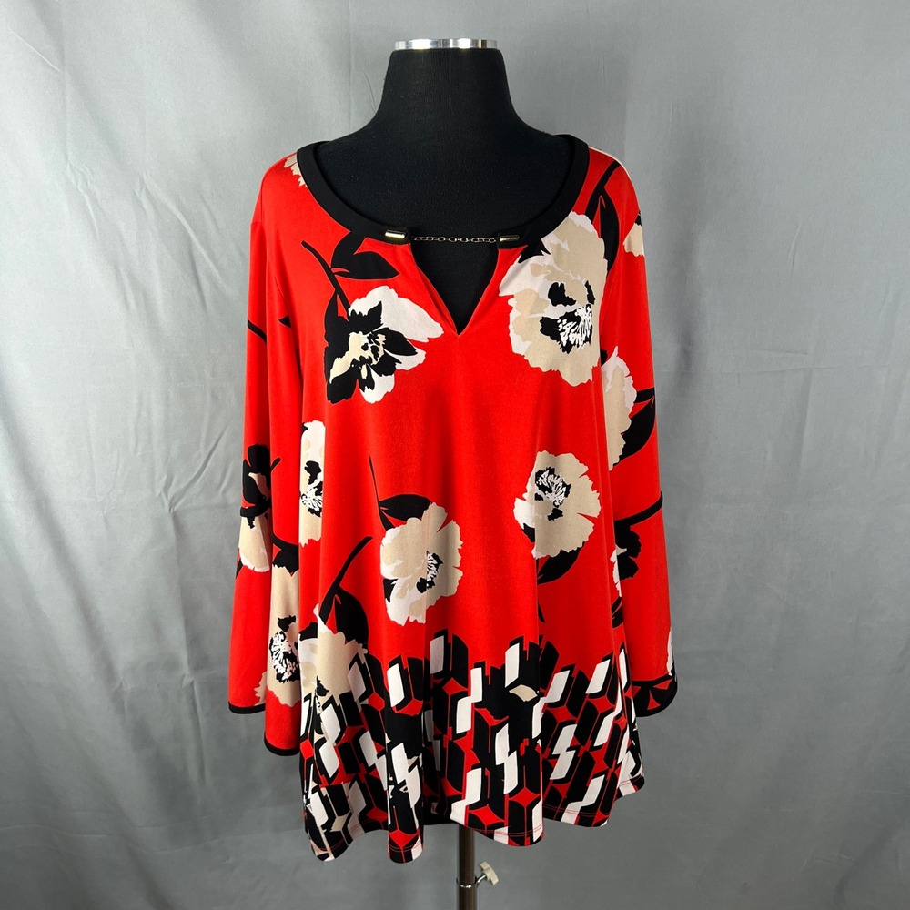 Calvin Klein Blouse Top Womens 1X Multicolor Floral Bell Sleeve Chain V Neck